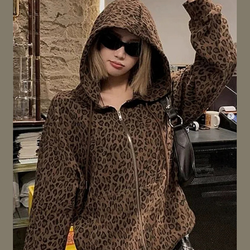 AliExpress Y2K Leopard Print Hooded Jacket Women Full Zip Drawstring Hood Long Sleeve Loose Fit Streetwear Street Club Ladies Outerwear, view 6