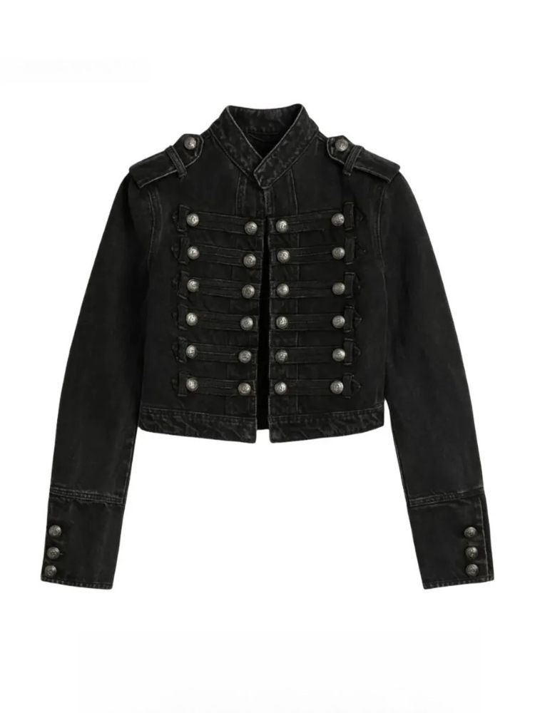 AliExpress Y2K Retro Hussars Jacket Stand Collar Double Breasted Button Cropped Jacket Napoleon Old Money BLK Denim Jacket Women Boxy Coat