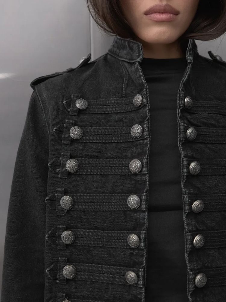 AliExpress Y2K Retro Hussars Jacket Stand Collar Double Breasted Button Cropped Jacket Napoleon Old Money BLK Denim Jacket Women Boxy Coat, view 2