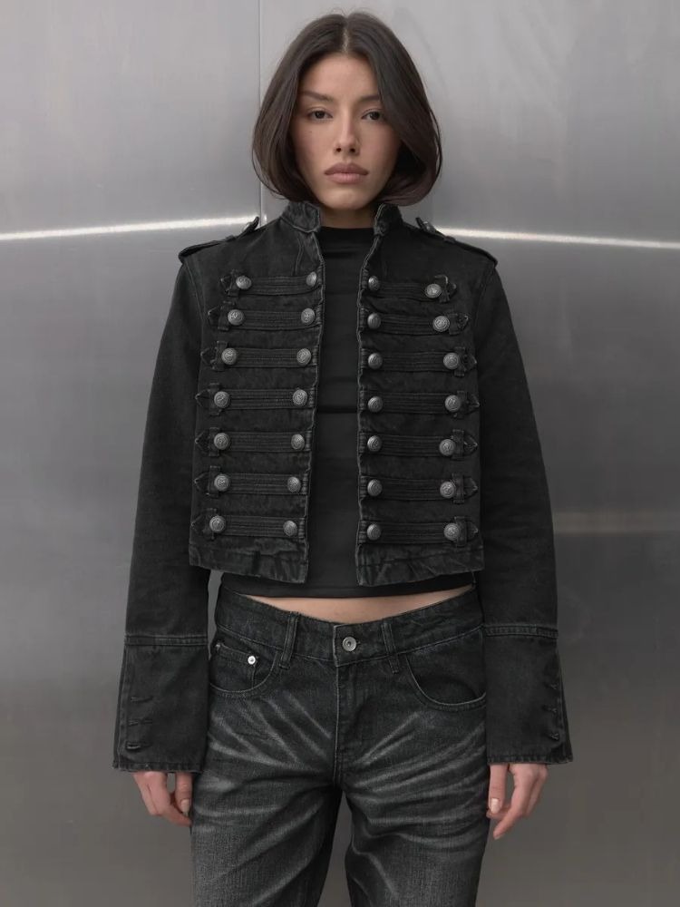 AliExpress Y2K Retro Hussars Jacket Stand Collar Double Breasted Button Cropped Jacket Napoleon Old Money BLK Denim Jacket Women Boxy Coat, view 3