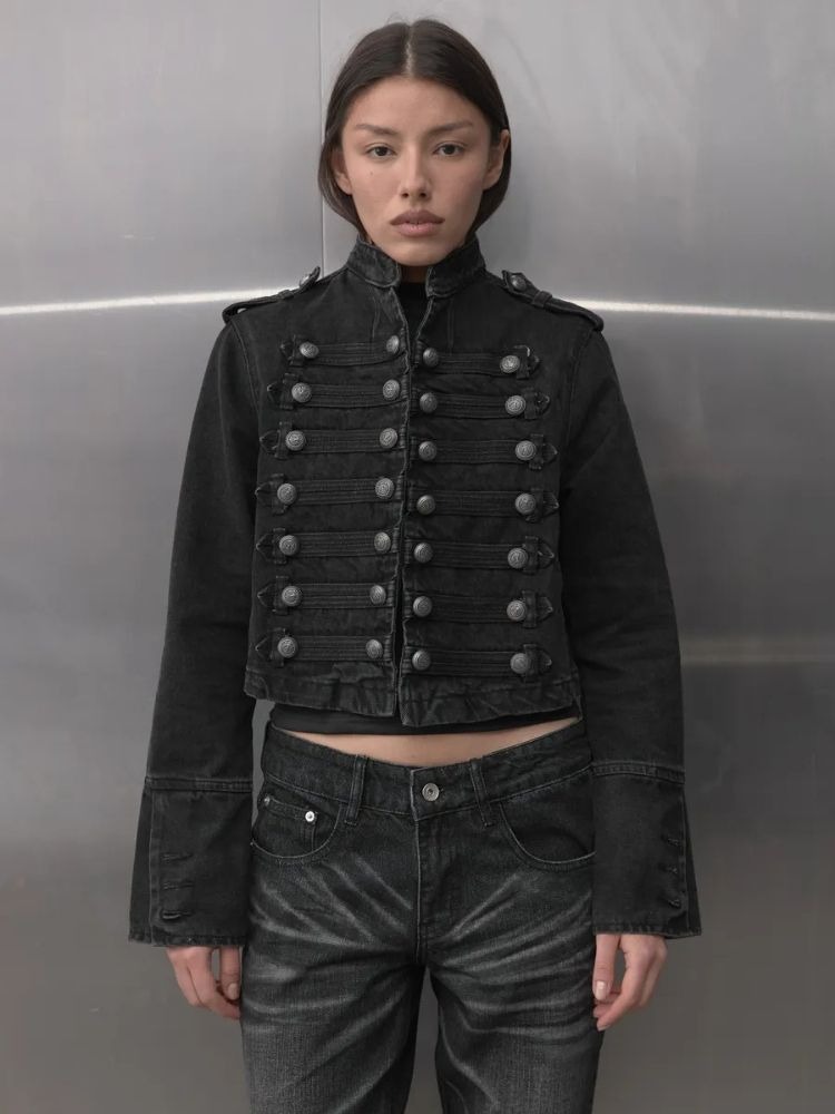 AliExpress Y2K Retro Hussars Jacket Stand Collar Double Breasted Button Cropped Jacket Napoleon Old Money BLK Denim Jacket Women Boxy Coat, view 4