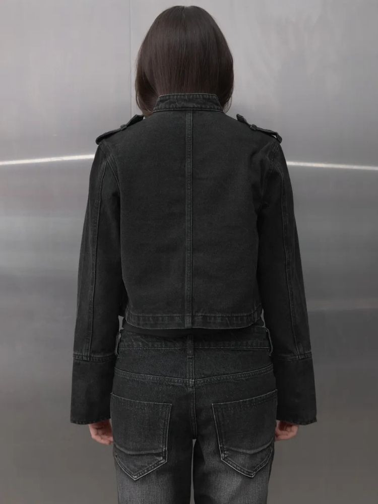 AliExpress Y2K Retro Hussars Jacket Stand Collar Double Breasted Button Cropped Jacket Napoleon Old Money BLK Denim Jacket Women Boxy Coat, view 5
