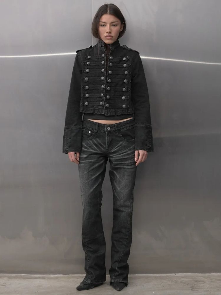 AliExpress Y2K Retro Hussars Jacket Stand Collar Double Breasted Button Cropped Jacket Napoleon Old Money BLK Denim Jacket Women Boxy Coat, view 6