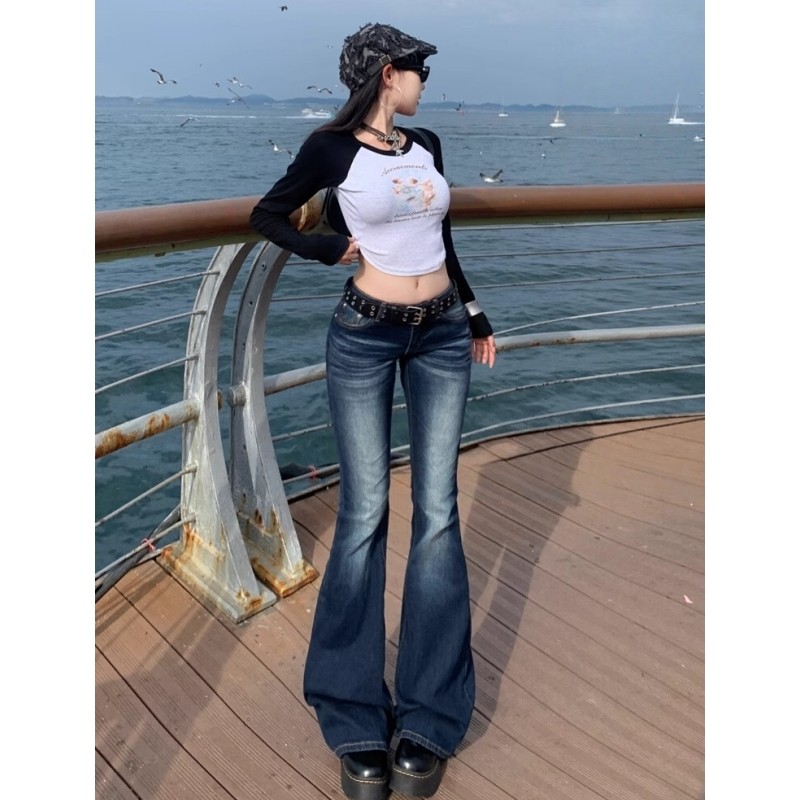 AliExpress Y2K Slim Fit High Waist Casual Womens Jeans Retro Denim Pants Low Rise Flared Trousers Long Bootcut Drag Autumn for Women