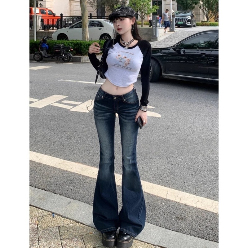 AliExpress Y2K Slim Fit High Waist Casual Womens Jeans Retro Denim Pants Low Rise Flared Trousers Long Bootcut Drag Autumn for Women, view 2