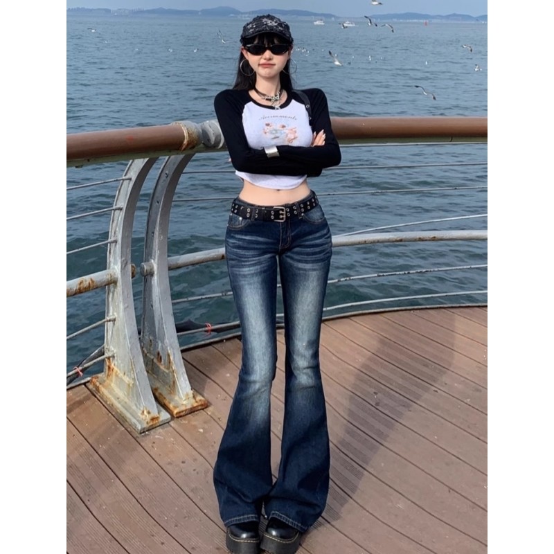 AliExpress Y2K Slim Fit High Waist Casual Womens Jeans Retro Denim Pants Low Rise Flared Trousers Long Bootcut Drag Autumn for Women, view 3