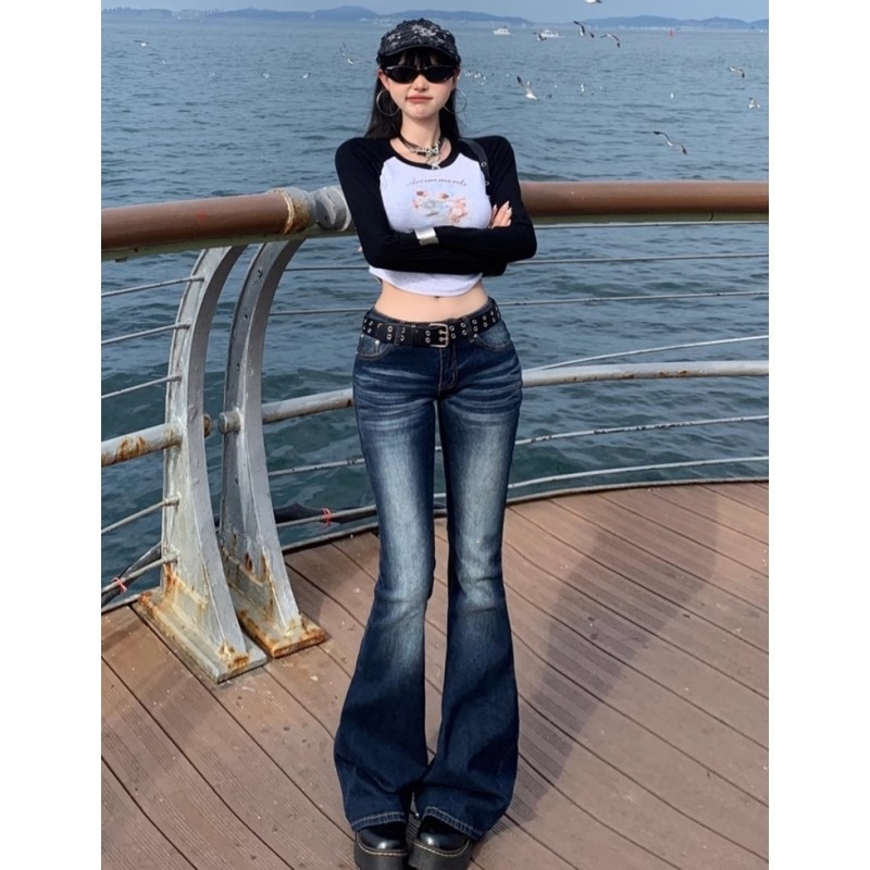 AliExpress Y2K Slim Fit High Waist Casual Womens Jeans Retro Denim Pants Low Rise Flared Trousers Long Bootcut Drag Autumn for Women, view 4