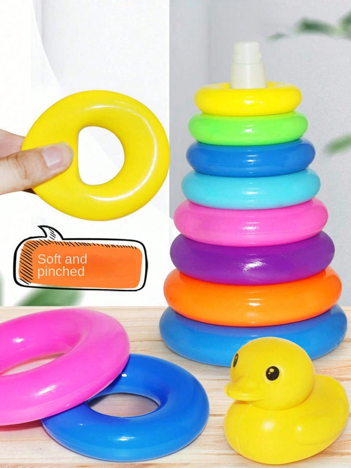 AliExpress Yellow Duck Rainbow Tower Stacked Circle Toy Plastic Rainbow Circle Toy Circle Toss Toy Interactive Game Birthday Gifts, view 5