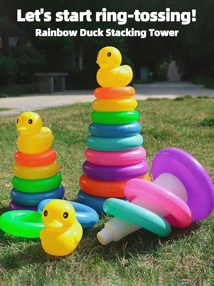 AliExpress Yellow Duck Rainbow Tower Stacked Circle Toy Plastic Rainbow Circle Toy Circle Toss Toy Interactive Game Birthday Gifts