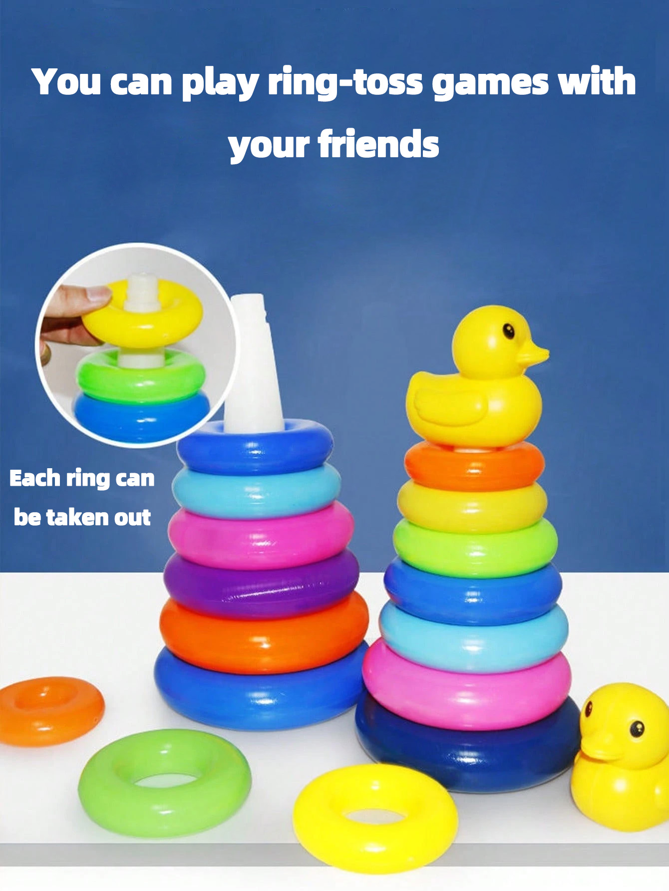 AliExpress Yellow Duck Rainbow Tower Stacked Circle Toy Plastic Rainbow Circle Toy Circle Toss Toy Interactive Game Birthday Gifts, view 6