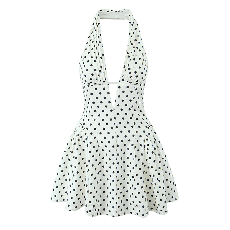 AliExpress YENKYE French Style Retro Polka Dot Deep V Halter Dress Women Sexy Backless A-line Slim Sweet Elegant Mini Dresses Summer Robe