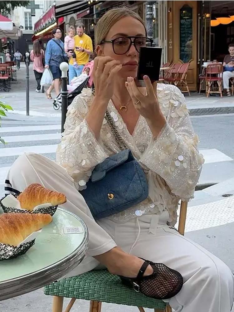 AliExpress YENKYE New Autumn Women Sequin Kimono Jacket Coat Long Sleeve V Neck Female Casual Loose Outerwear Chic Lady Wrap Outfits