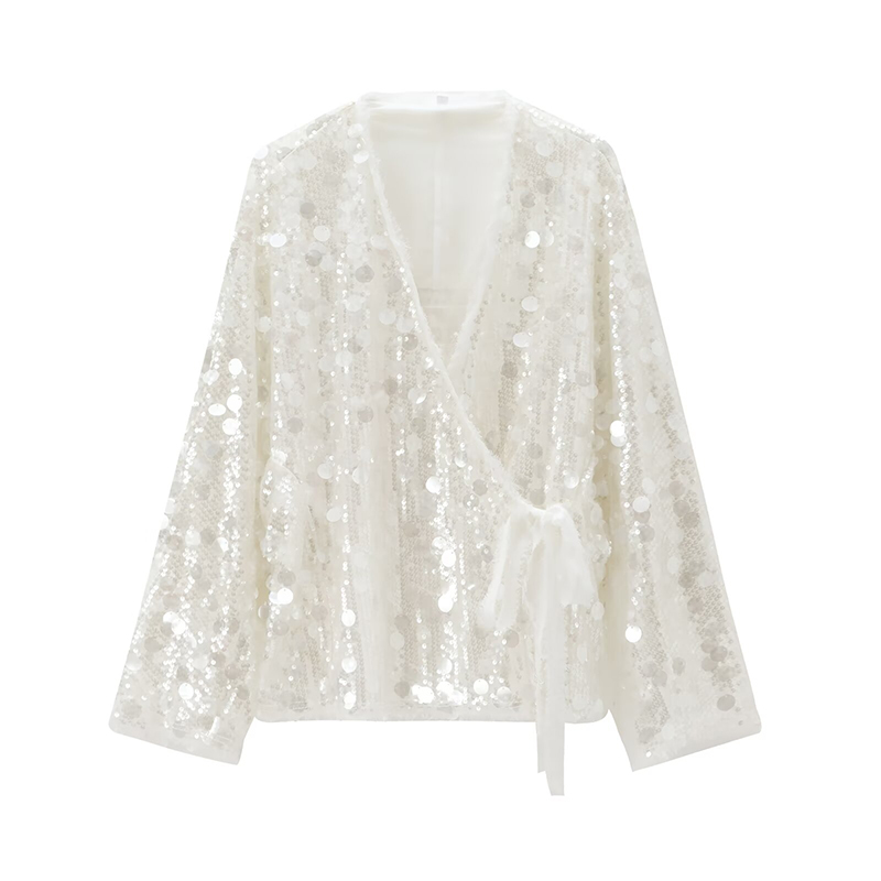 AliExpress YENKYE New Autumn Women Sequin Kimono Jacket Coat Long Sleeve V Neck Female Casual Loose Outerwear Chic Lady Wrap Outfits, view 2