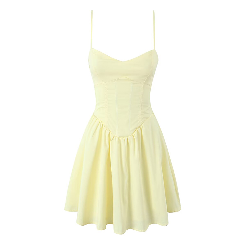 AliExpress YENKYE Sexy Elegant Women Fishbone Waist Shaping Sling Mini Dress Lace Up Back Fit And Flare Summer Party Dresses Yellow Robe