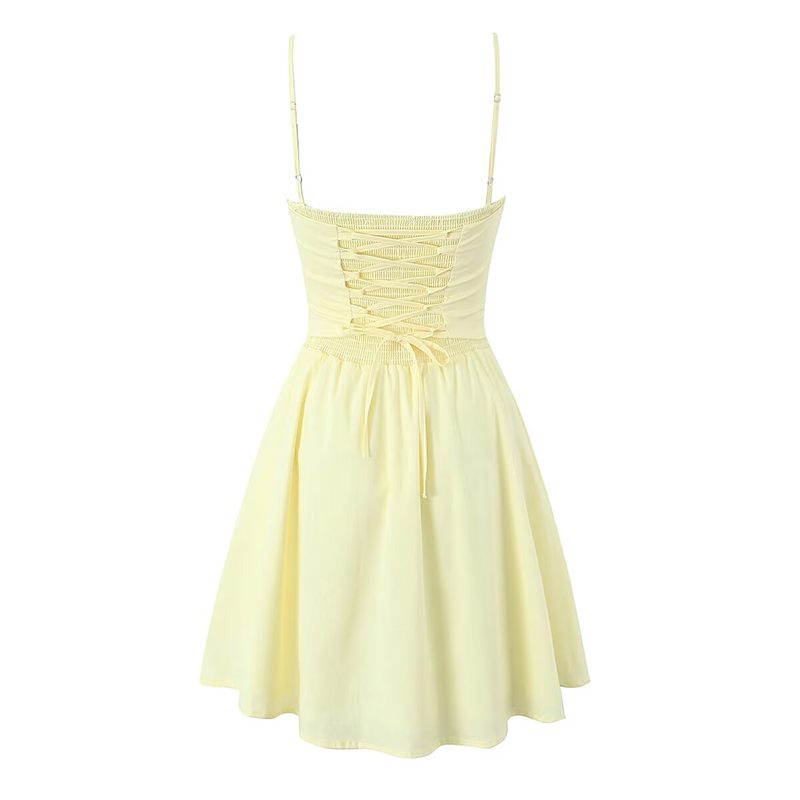 AliExpress YENKYE Sexy Elegant Women Fishbone Waist Shaping Sling Mini Dress Lace Up Back Fit And Flare Summer Party Dresses Yellow Robe, view 2