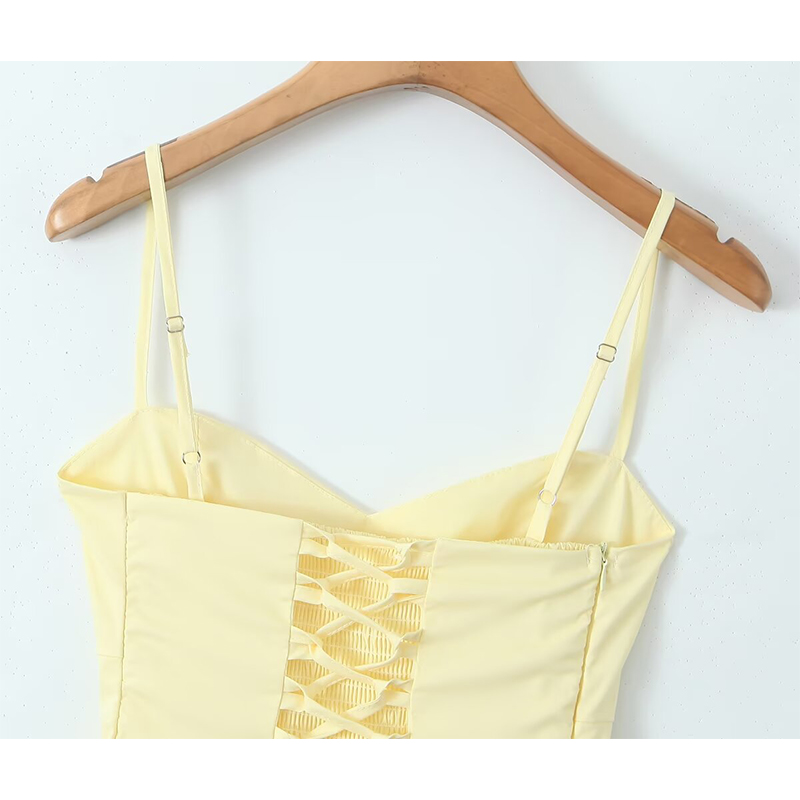 AliExpress YENKYE Sexy Elegant Women Fishbone Waist Shaping Sling Mini Dress Lace Up Back Fit And Flare Summer Party Dresses Yellow Robe, view 5