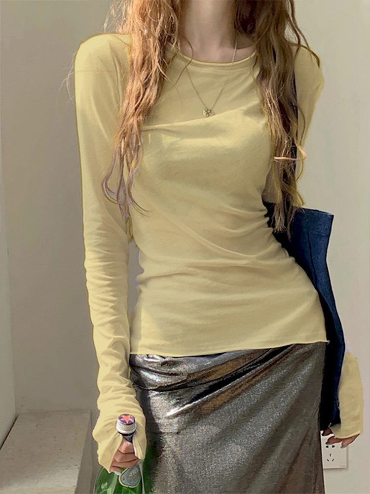 AliExpress Zjaiss 2026 Spring Casual Lazy Style Women's Long Sleeve T-Shirt Fashion Elegant Inner Wear Basic Top Rolled Edge Slim Fit Tee