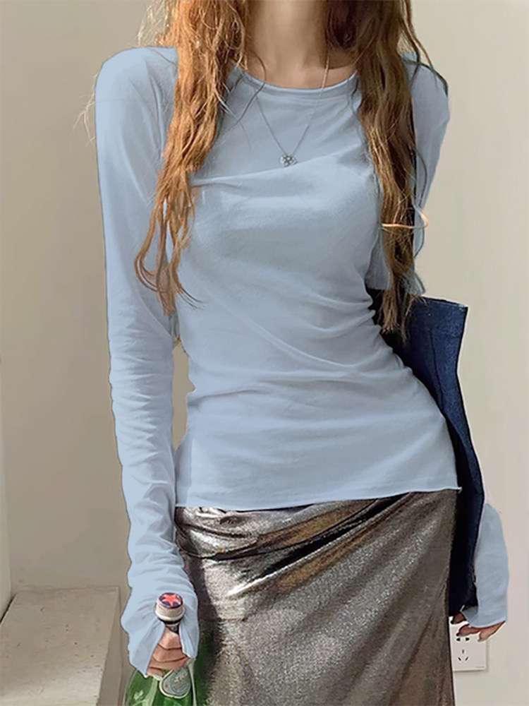 AliExpress Zjaiss 2026 Spring Casual Lazy Style Women's Long Sleeve T-Shirt Fashion Elegant Inner Wear Basic Top Rolled Edge Slim Fit Tee, view 2