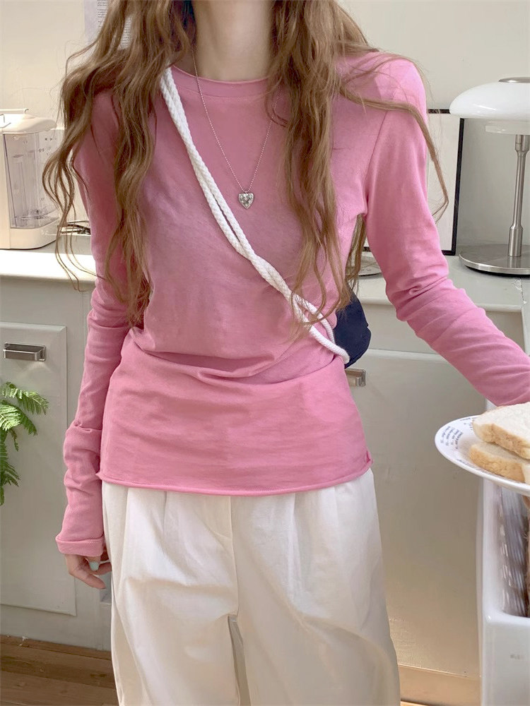 AliExpress Zjaiss 2026 Spring Casual Lazy Style Women's Long Sleeve T-Shirt Fashion Elegant Inner Wear Basic Top Rolled Edge Slim Fit Tee, view 4