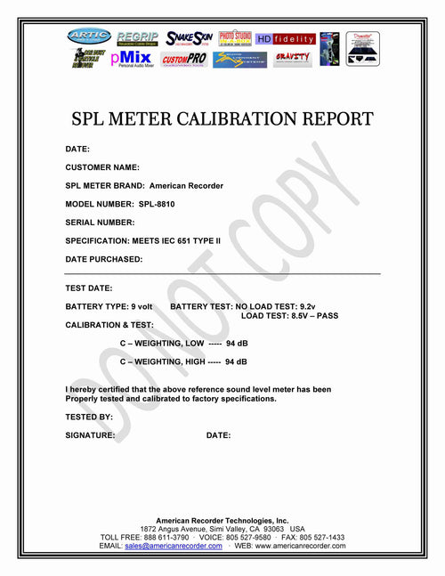 American Recorder Technologies CALIBRATION for SPL-8810 with Certificate