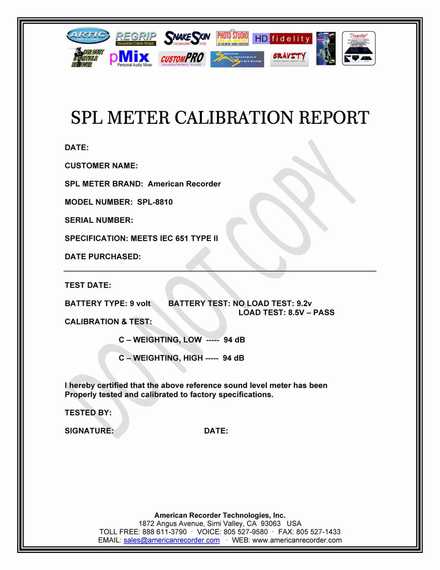 American Recorder Technologies CALIBRATION for SPL-8810 with Certificate