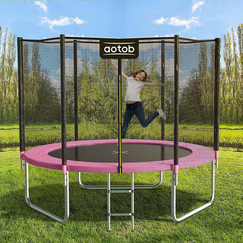 Aotob 8ft Trampoline for Kids/Adults, Backyard 600 LBS Trampoline with Safety Enclosure Net/Ladder,Pink