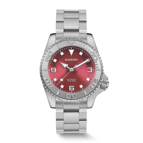 Boderry Watch Co. ADMIRAL 3-Hand No-Date - 200M Waterproof Titanium Automatic Diver Watch | Coral Red