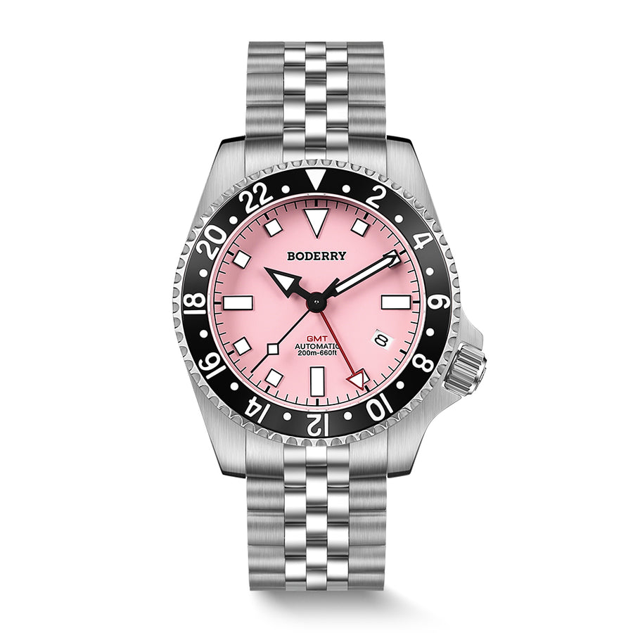 Boderry Watch Co. ADMIRAL GMT - 200M Waterproof Titanium Automatic Diver Watch | Pink-(Ceramic Bezel)