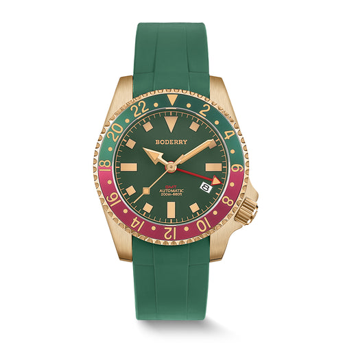 Boderry Watch Co. ADMIRAL GMT - 200M Waterproof Bronze Automatic Diver Watch | Green