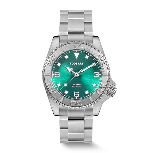Boderry Watch Co. ADMIRAL 3-Hand No-Date - 200M Waterproof Titanium Automatic Diver Watch | Aurora Green