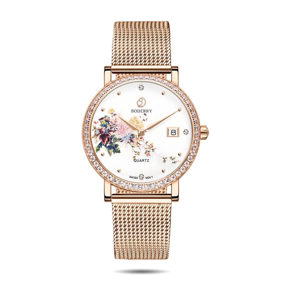 Boderry Watch Co. FLOWER - Swiss Quartz Movement Watch | Rose Gold & Chrysanth