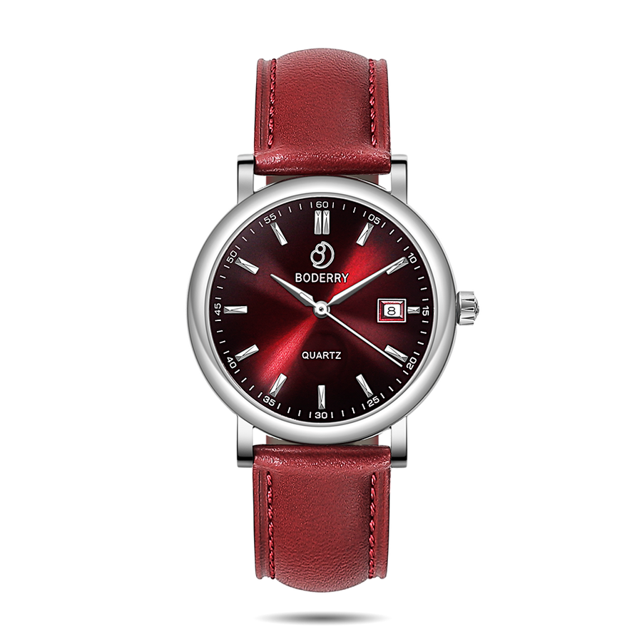 Boderry Watch Co. CLASSIC 36MM - Swiss Quartz Movement Watch | Silver & Claret