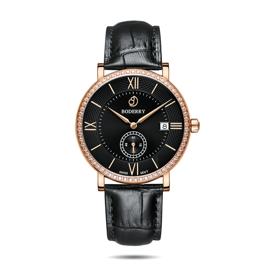 Boderry Watch Co. ELEGANT II - Swiss Quartz Movement Watch | Rose Gold & Black Dial