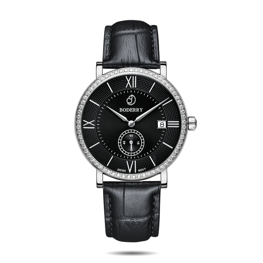 Boderry Watch Co. ELEGANT II - Swiss Quartz Movement Watch | Silver & Black Dial