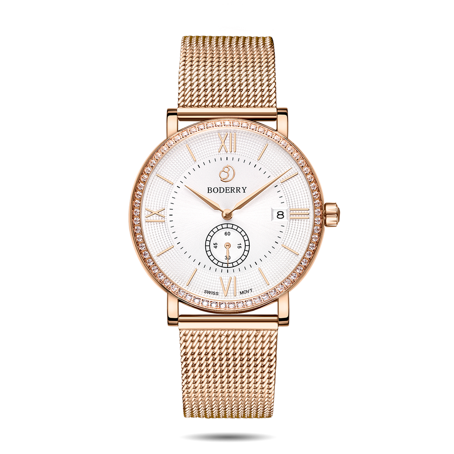 Boderry Watch Co. ELEGANT II - Swiss Quartz Movement Watch | Rose Gold & Mesh Strap