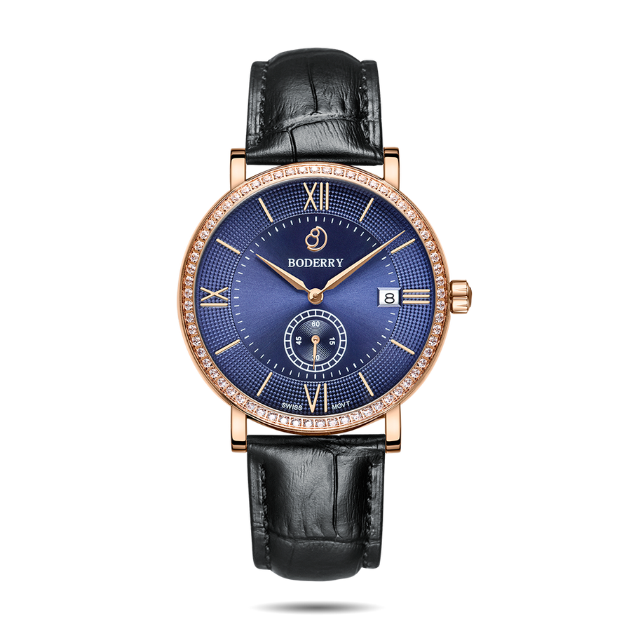 Boderry Watch Co. ELEGANT II - Swiss Quartz Movement Watch | Rose Gold & Blue Dial