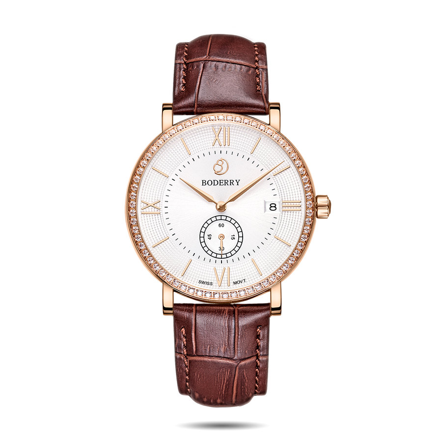 Boderry Watch Co. ELEGANT II - Swiss Quartz Movement Watch | Rose Gold Case & White Dial