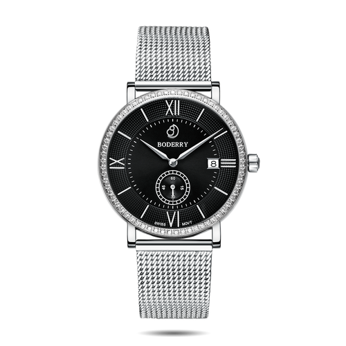 Boderry Watch Co. ELEGANT II - Swiss Quartz Movement Watch | Silver & Mesh Strap