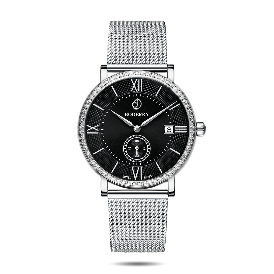 Boderry Watch Co. ELEGANT II - Swiss Quartz Movement Watch | Silver & Mesh Strap
