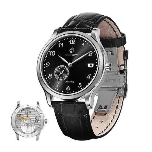Boderry Watch Co. ELITE - Micro-rotor Automatic Watch | Silver Case & Black Dial