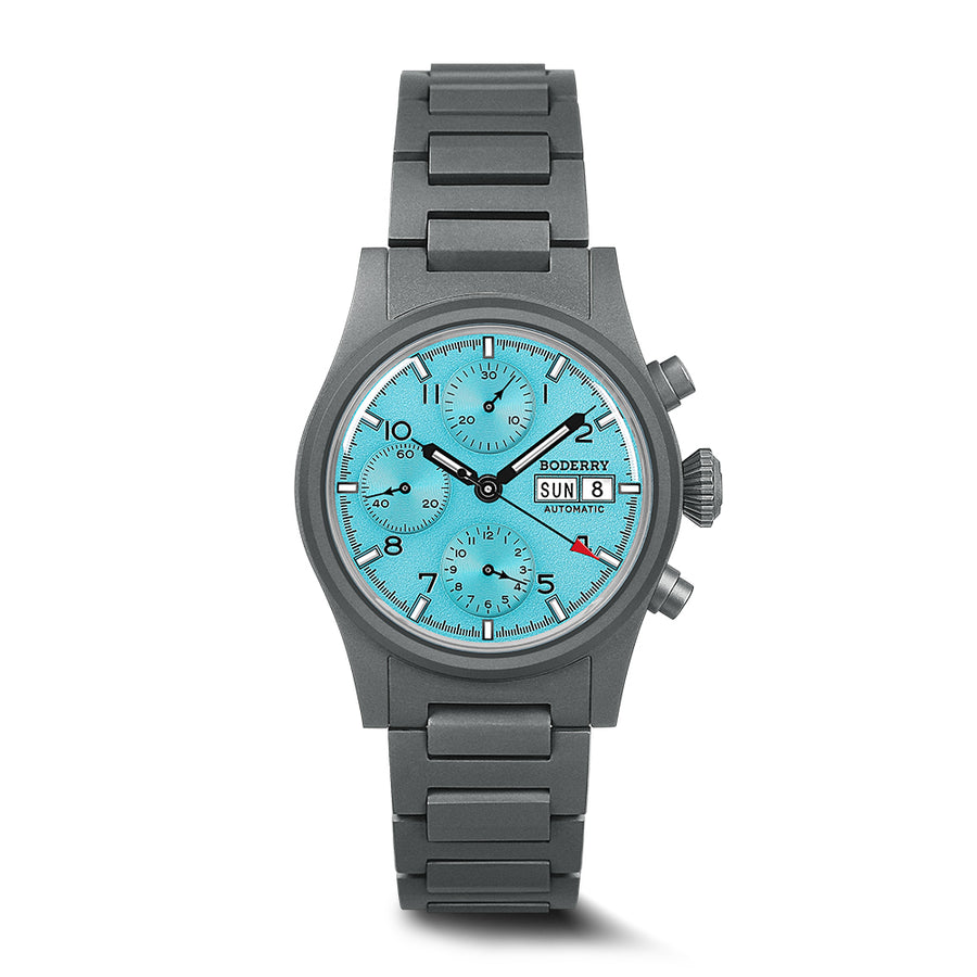 Boderry Watch Co. LANDMASTER Chronograph – Titanium Automatic Tritium Field Watch | Ice Blue-bracelet