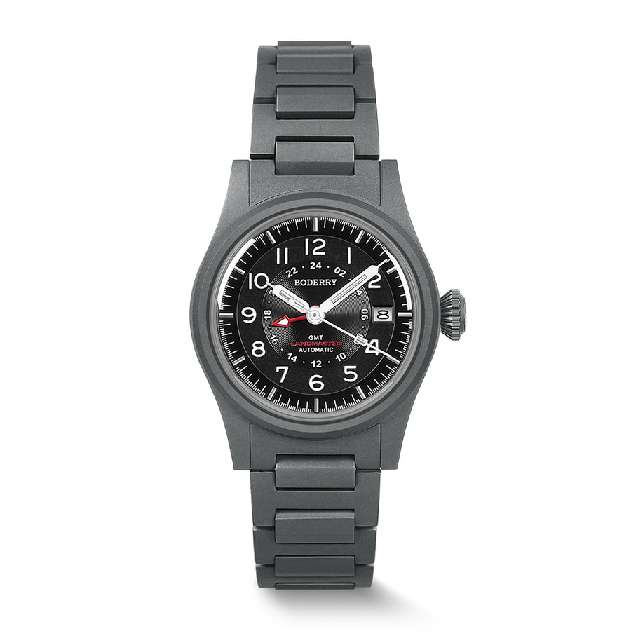 Boderry Watch Co. LANDMASTER GMT – Titanium Automatic Tritium Field Watch | Black-bracelet
