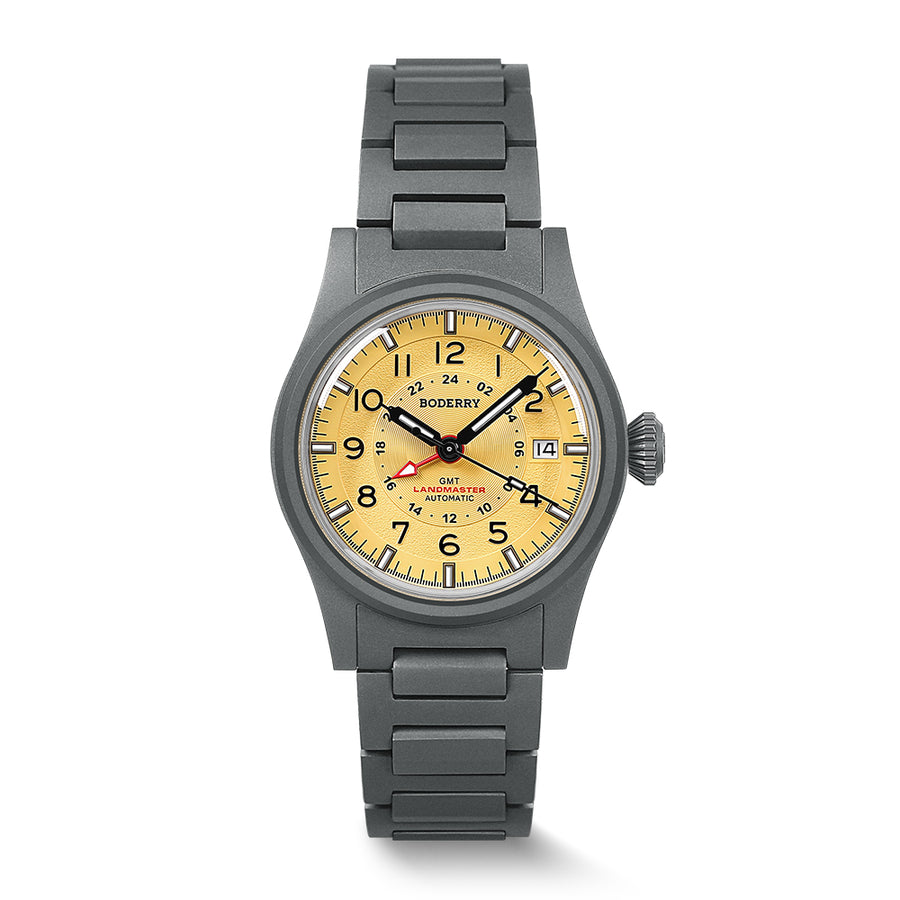Boderry Watch Co. LANDMASTER GMT – Titanium Automatic Tritium Field Watch | Yellow-bracelet