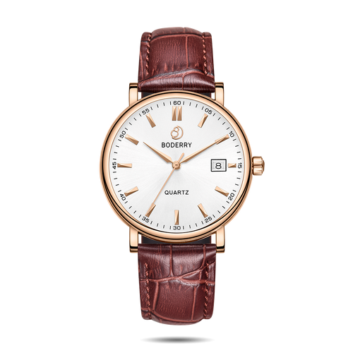 Boderry Watch Co. CLASSIC 40MM - Swiss Quartz Movement Watch | Rose-Gold Case & Brown Leather Strap