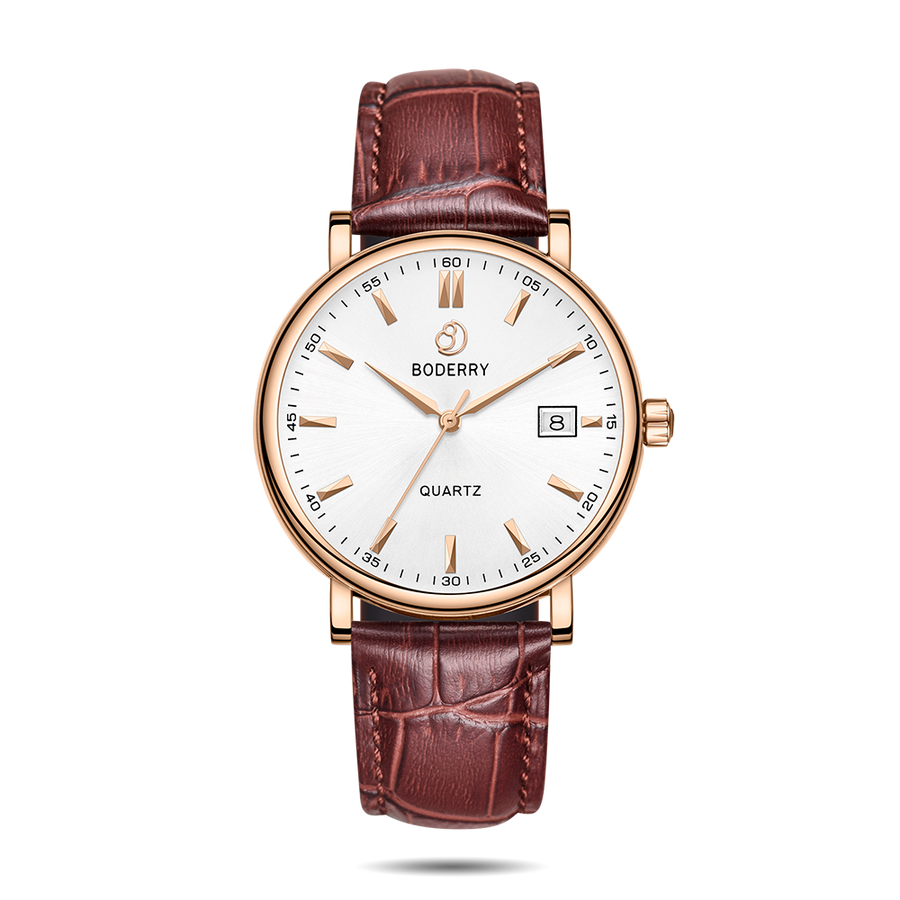 Boderry Watch Co. CLASSIC 40MM - Swiss Quartz Movement Watch | Rose-Gold Case & Brown Leather Strap