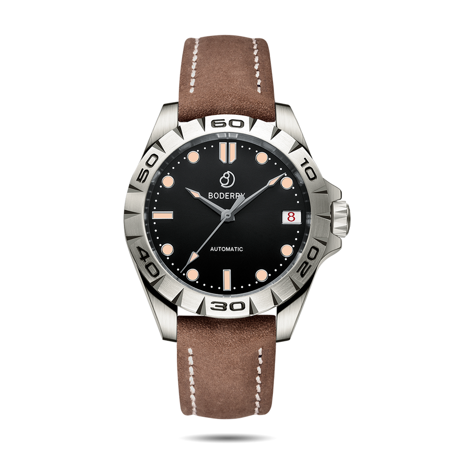Boderry Watch Co. URBAN DATE(TITANIUM)- 3-hand Hi-beat(28,800 bph) with 72 hrs Power-reserve Automatic Titanium Watch | Brown Leather Strap