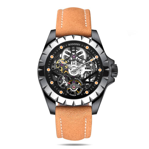 Boderry Watch Co. WINDMILL - Original Skeleton Hi-beat(28,800 bph) with 72 hrs Power-reserve Automatic Watch | Black Dial & Orange Leather Strap