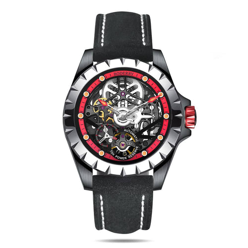 Boderry Watch Co. WINDMILL - Original Skeleton Hi-beat(28,800 bph) with 72 hrs Power-reserve Automatic Watch | Red Dial & Leather Strap