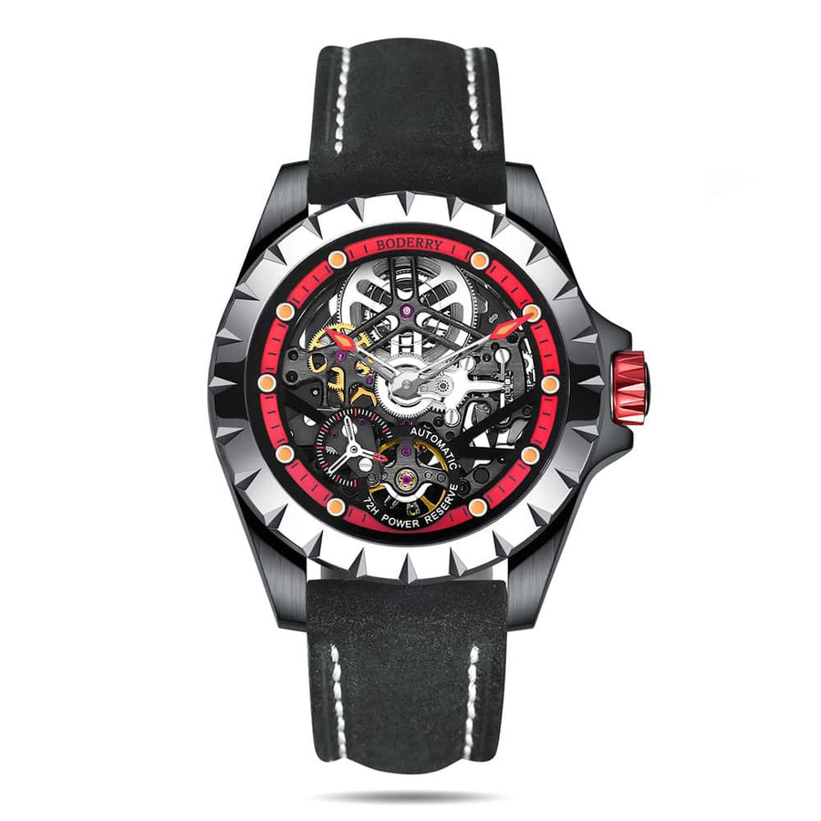 Boderry Watch Co. WINDMILL - Original Skeleton Hi-beat(28,800 bph) with 72 hrs Power-reserve Automatic Watch | Red Dial & Leather Strap