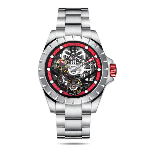 Boderry Watch Co. WINDMILL - Original Skeleton Hi-beat(28,800 bph) with 72 hrs Power-reserve Automatic Watch | Red Dial & Bracelet